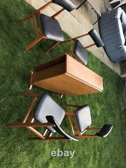 Set Of 4 Vintage Retro Schreiber Danish Dining Chairs Teak/black Vinyl & Table