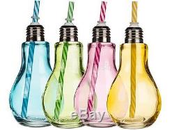 Set Of 6 Light Bulb Drinking Mason Jars Coloured Glass With Straw Party Cocktail