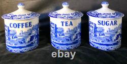 Set Spode Blue Italian Canister Storage Jars X 3 Coffee, Tea, Sugar Lidded