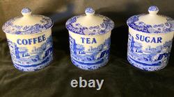 Set Spode Blue Italian Canister Storage Jars X 3 Coffee, Tea, Sugar Lidded