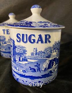 Set Spode Blue Italian Canister Storage Jars X 3 Coffee, Tea, Sugar Lidded