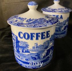 Set Spode Blue Italian Canister Storage Jars X 3 Coffee, Tea, Sugar Lidded