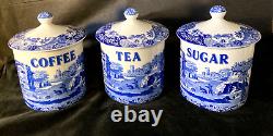 Set Spode Blue Italian Canister Storage Jars X 3 Coffee, Tea, Sugar Lidded