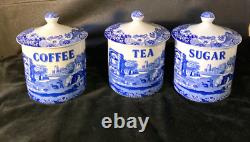 Set Spode Blue Italian Canister Storage Jars X 3 Coffee, Tea, Sugar Lidded
