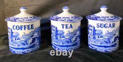Set Spode Blue Italian Canister Storage Jars X 3 Coffee, Tea, Sugar Lidded