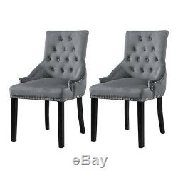 Set of 2 Velvet Dining Chairs Knocker Fabric Studded Dining Room Kitchen Grey BN