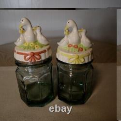 Set of 2 Vintage Duck Lids WithJars + Corks Goose Kitchen Decor & Storage