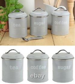 Set of 3 Airtight Round Tea Sugar and Coffee Kitchen Storage Canisters Jars Grey