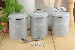 Set of 3 Airtight Round Tea Sugar and Coffee Kitchen Storage Canisters Jars Grey