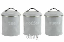 Set of 3 Airtight Round Tea Sugar and Coffee Kitchen Storage Canisters Jars Grey