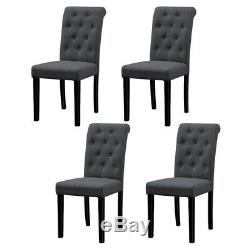 Set of 4 Dining Chairs Dark Grey Fabric Padded Seat Button Tufted Home Kitchen