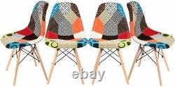 Set of 4 Fabric Dining Chairs Tulip Patchwork Wood Legs Home Kitchen Dining Room