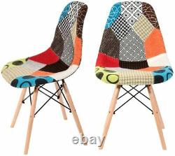 Set of 4 Fabric Dining Chairs Tulip Patchwork Wood Legs Home Kitchen Dining Room