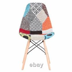 Set of 4 Patchwork Fabric Dining Chairs Padded Seat Wooden Legs Home Furniture