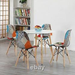 Set of 4 Patchwork Fabric Dining Chairs Padded Seat Wooden Legs Home Furniture