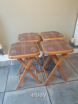 Set of 4 Vintage Retro Drevounia Folding Wooden Stools Padded Fabric Top