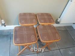 Set of 4 Vintage Retro Drevounia Folding Wooden Stools Padded Fabric Top