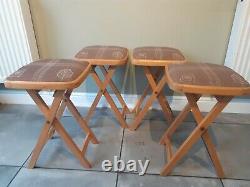 Set of 4 Vintage Retro Drevounia Folding Wooden Stools Padded Fabric Top