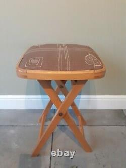 Set of 4 Vintage Retro Drevounia Folding Wooden Stools Padded Fabric Top