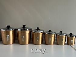 Set of 6 Vintage Anodised Aluminum 1950s 1960s Kitchen Cannisters Retro Copper