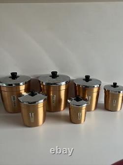 Set of 6 Vintage Anodised Aluminum 1950s 1960s Kitchen Cannisters Retro Copper