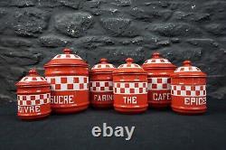 Set of Six Red Check Vintage French Graduated Enamel Kitchen Storage Canisters