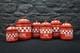 Set Of Six Red Check Vintage French Graduated Enamel Kitchen Storage Canisters