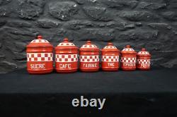 Set of Six Red Check Vintage French Graduated Enamel Kitchen Storage Canisters
