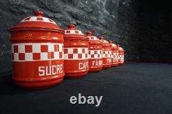 Set of Six Red Check Vintage French Graduated Enamel Kitchen Storage Canisters