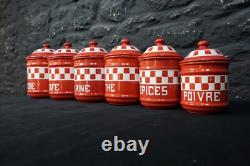 Set of Six Red Check Vintage French Graduated Enamel Kitchen Storage Canisters