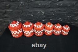 Set of Six Red Check Vintage French Graduated Enamel Kitchen Storage Canisters