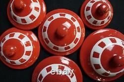 Set of Six Red Check Vintage French Graduated Enamel Kitchen Storage Canisters