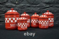 Set of Six Red Check Vintage French Graduated Enamel Kitchen Storage Canisters
