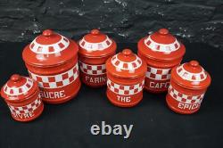 Set of Six Red Check Vintage French Graduated Enamel Kitchen Storage Canisters