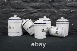 Set of Six Vintage French Graduated Enamel Kitchen Storage Food Canisters