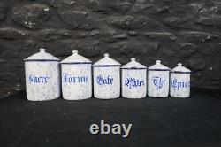 Set of Six Vintage French Graduated Enamel Kitchen Storage Food Canisters