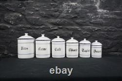 Set of Six Vintage French Graduated Enamel Kitchen Storage Food Canisters