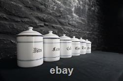 Set of Six Vintage French Graduated Enamel Kitchen Storage Food Canisters