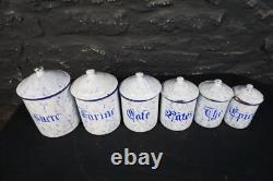 Set of Six Vintage French Graduated Enamel Kitchen Storage Food Canisters
