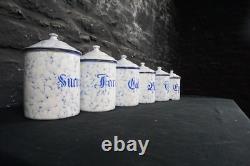 Set of Six Vintage French Graduated Enamel Kitchen Storage Food Canisters