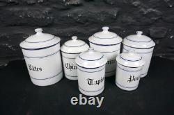 Set of Six Vintage French Graduated Enamel Kitchen Storage Food Canisters