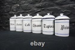 Set of Six Vintage French Graduated Enamel Kitchen Storage Food Canisters