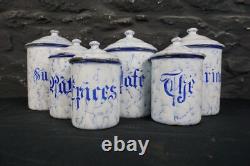 Set of Six Vintage French Graduated Enamel Kitchen Storage Food Canisters
