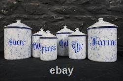 Set of Six Vintage French Graduated Enamel Kitchen Storage Food Canisters