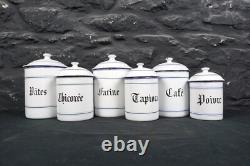 Set of Six Vintage French Graduated Enamel Kitchen Storage Food Canisters