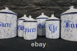 Set of Six Vintage French Graduated Enamel Kitchen Storage Food Canisters