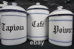 Set of Six Vintage French Graduated Enamel Kitchen Storage Food Canisters