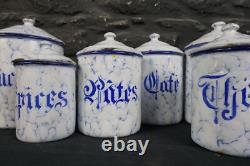 Set of Six Vintage French Graduated Enamel Kitchen Storage Food Canisters