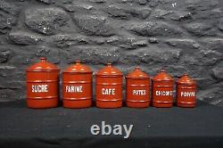 Set of Six Vintage French Graduated Terracotta Enamel Kitchen Storage Canisters