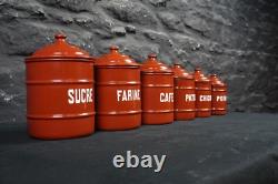 Set of Six Vintage French Graduated Terracotta Enamel Kitchen Storage Canisters